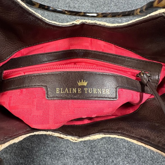 Elaine Turner Woven Straw Leather Handbag Brown Tortoise Handle - Picture 5 of 8